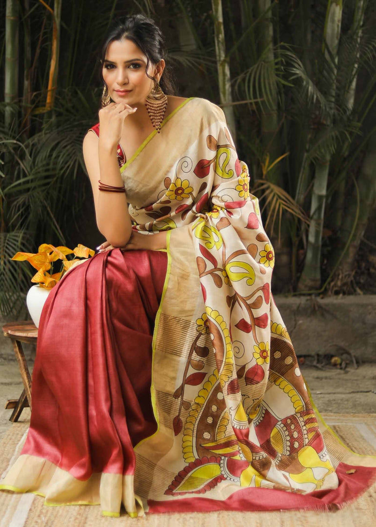 Classic Kalamkari Print Saree Handloom Tussar Silk With Blouse Material