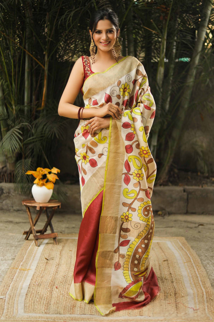 Classic Kalamkari Print Saree Handloom Tussar Silk With Blouse Material