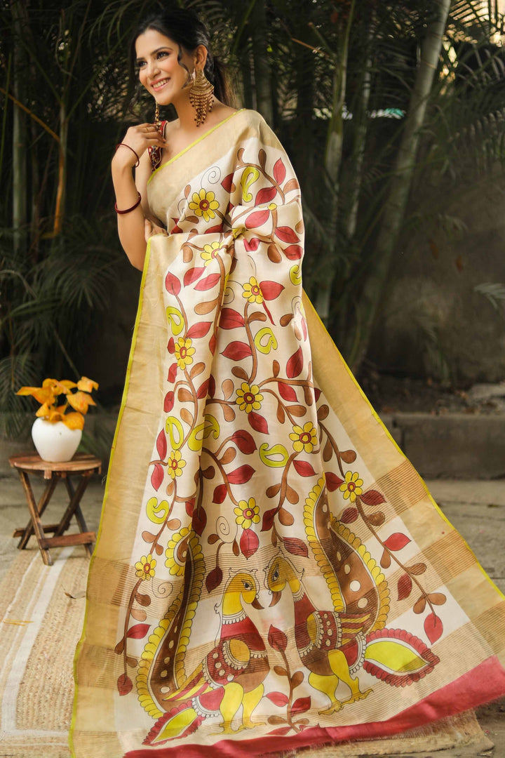 Classic Kalamkari Print Saree Handloom Tussar Silk With Blouse Material