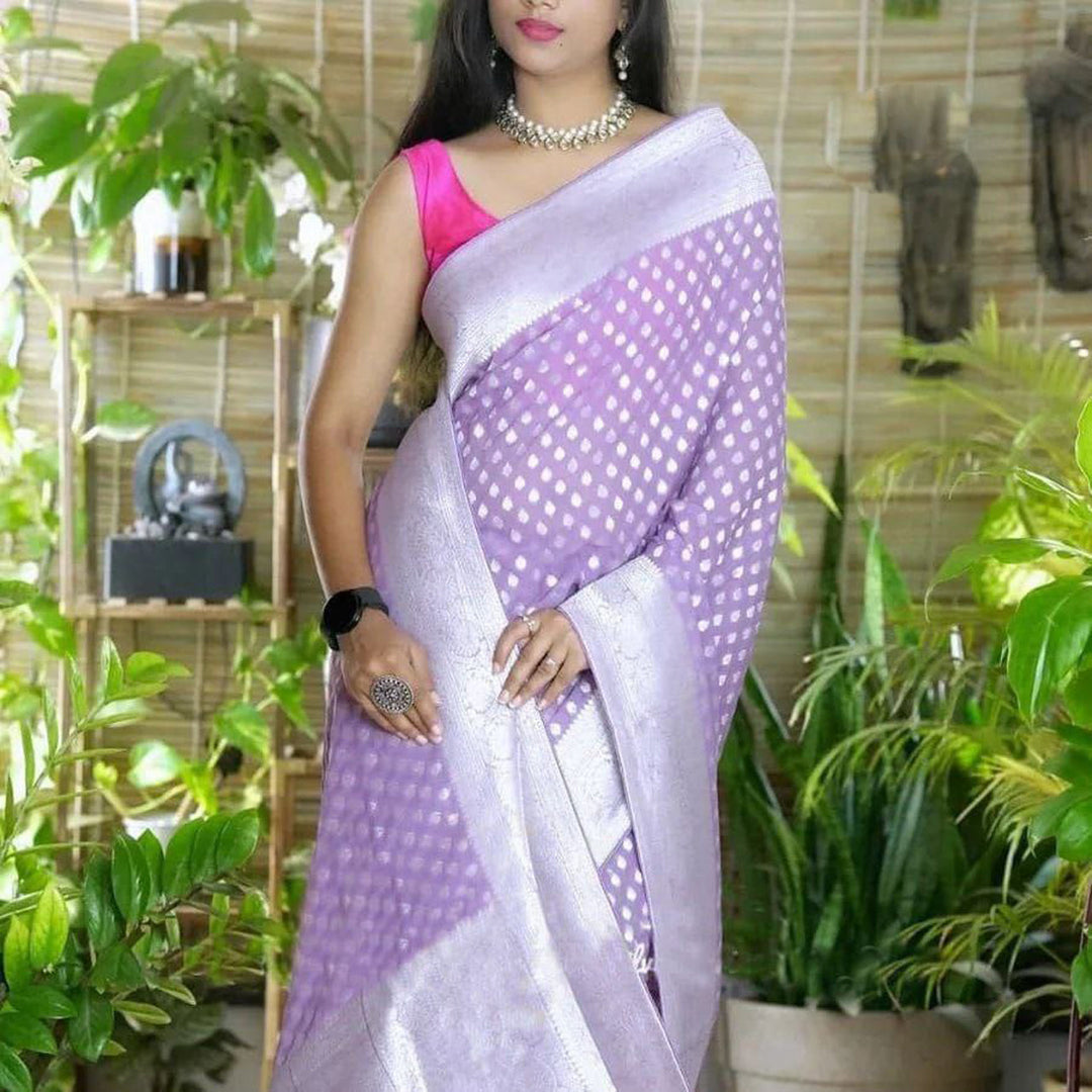 Alluring Lavender Pure Georgette Silk Saree With Zari Weaving Touch