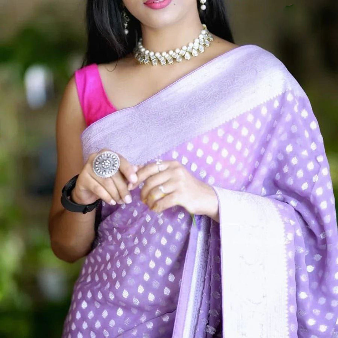 Alluring Lavender Pure Georgette Silk Saree With Zari Weaving Touch