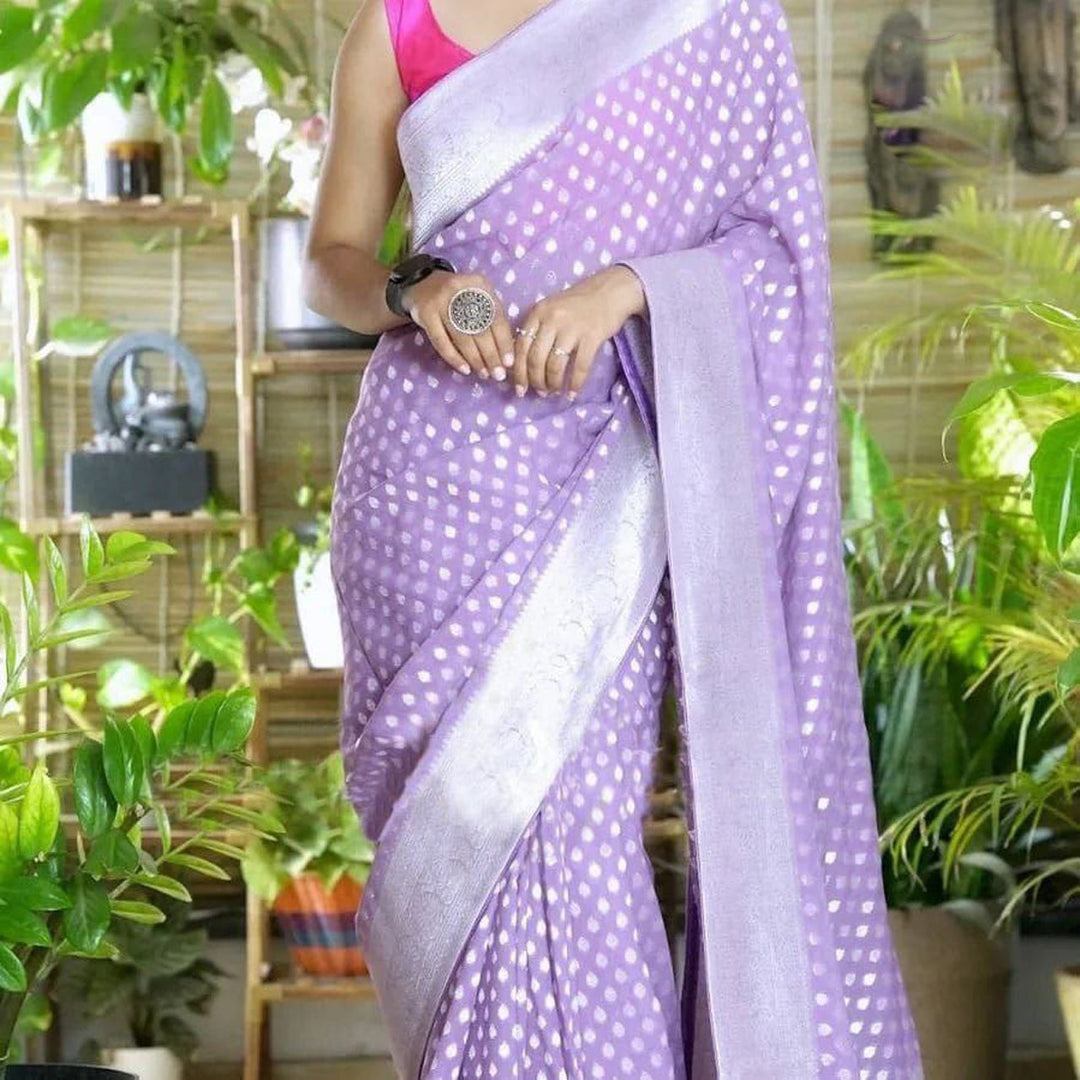 Alluring Lavender Pure Georgette Silk Saree With Zari Weaving Touch