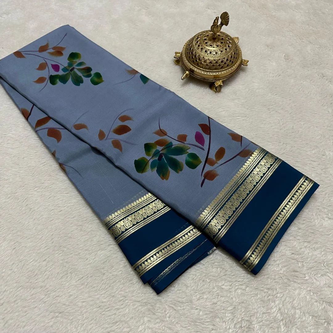 Art Printed Grey Mysore Silk Saree With Embellished Zari Border