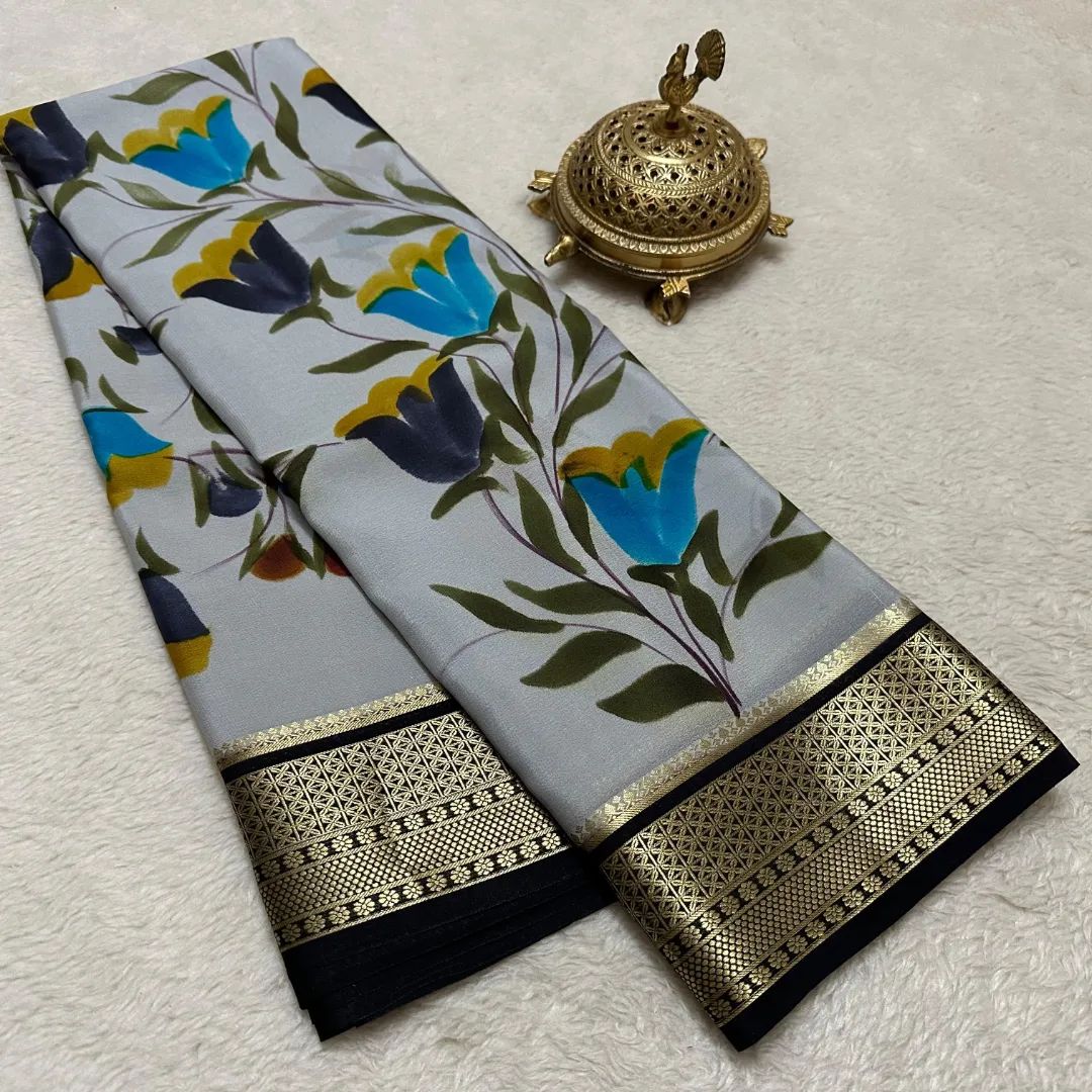 Premium Grey Traditional Mysore Silk Saree With Digital Design And Zari Border