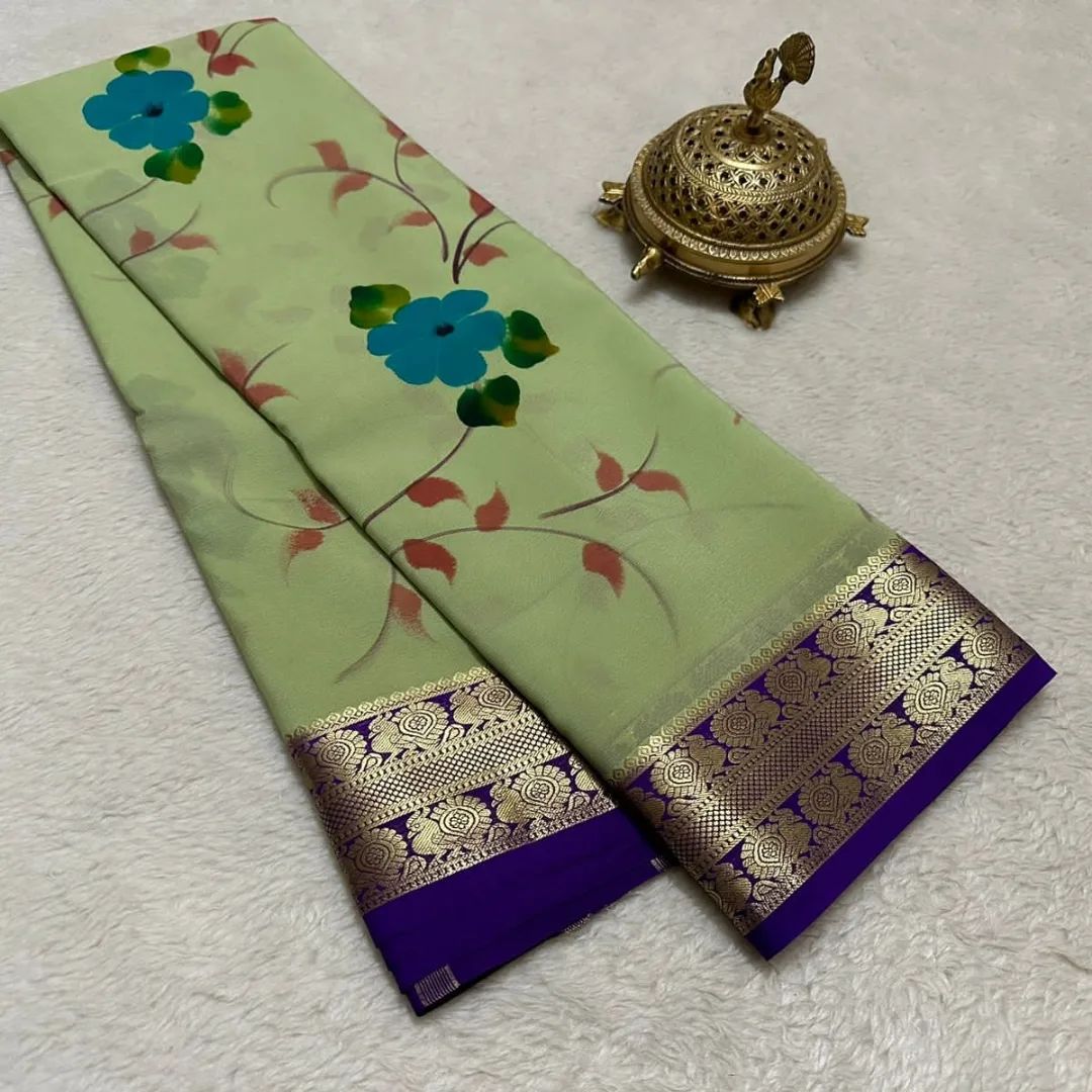 Designer Crepe Silk Mysore Saree Featuring Vibrant Digital Prints And Gold Zari Edging