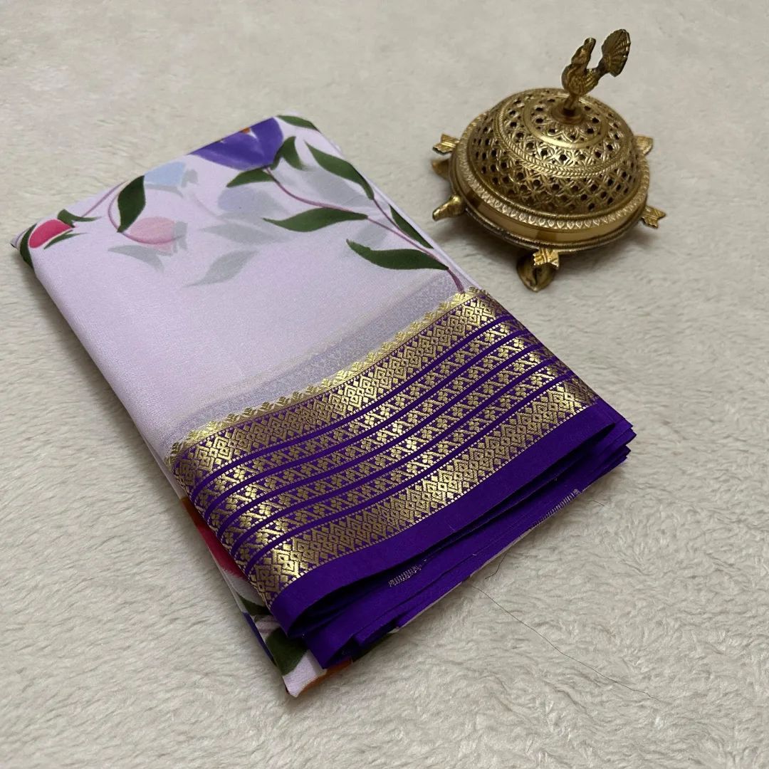 Traditional Purple Printed Mysore Soft Silk Saree WithBlouse Piece