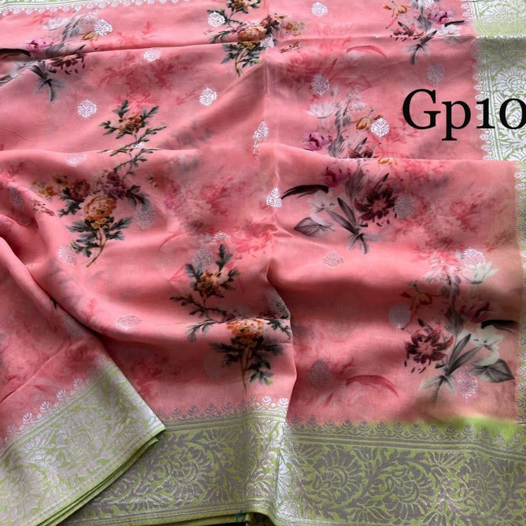 Pink Color Crepe Georgette Digital Printed Saree