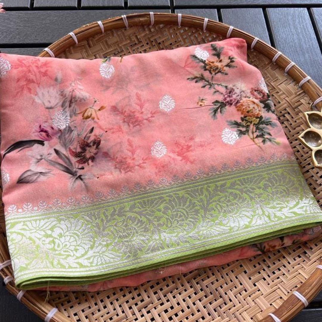 Pink Color Crepe Georgette Digital Printed Saree