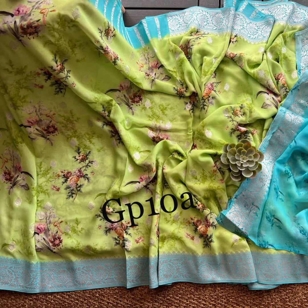 Green Color Crepe Georgette Digital Printed Saree