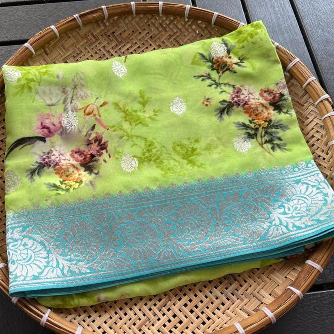 Green Color Crepe Georgette Digital Printed Saree