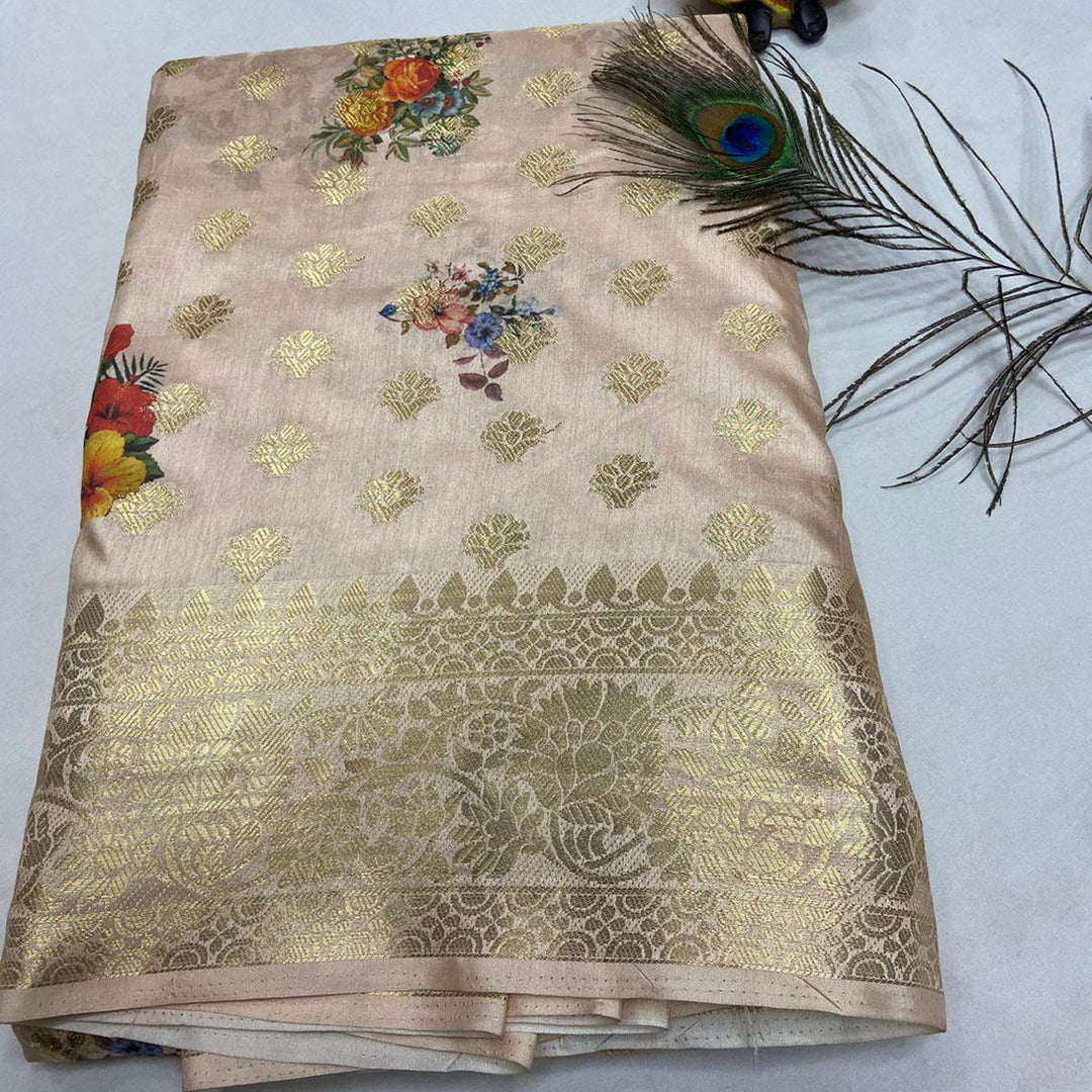 Beige Pure Crepe Georgett Digital Print Traditional Saree
