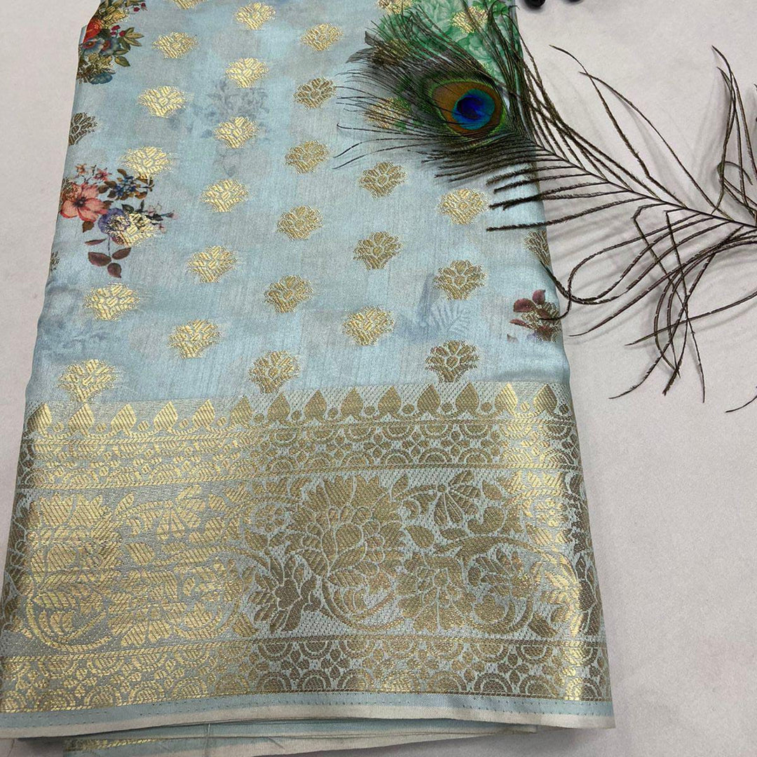 Cyan Color Crepe Georgette Fabric Digital Printed Saree With Fancy Blouse