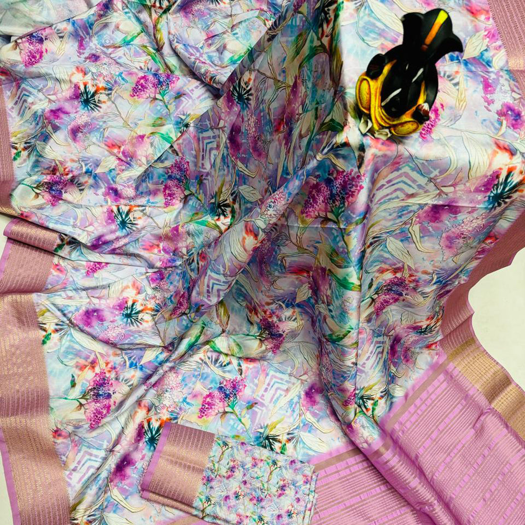 Gajari Pink Digital Print Saree With Unstitched Blouse