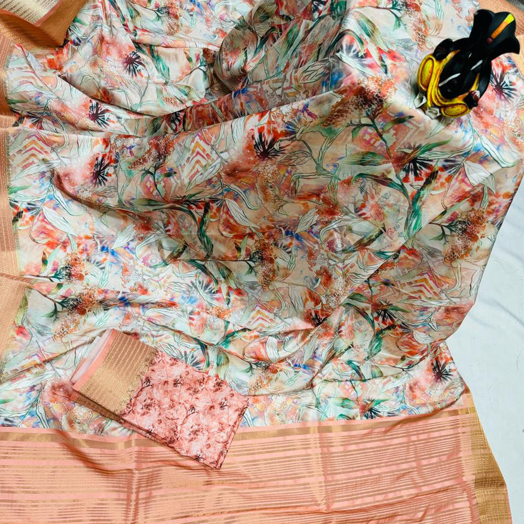 Coral Butter Silk Digital Print Saree With Unstitched Blouse