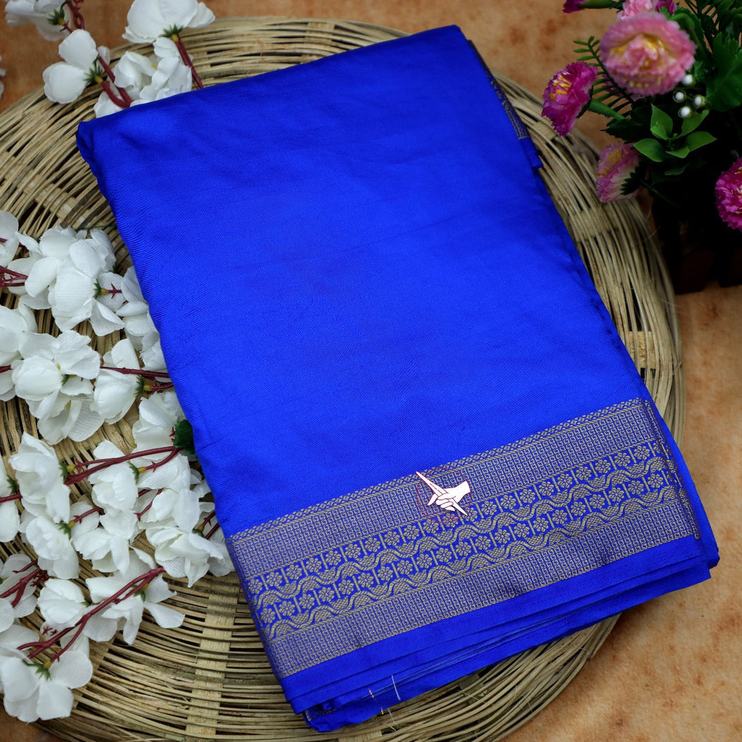 Traditional Mysore Soft Silk Saree In Royal Blue Plain Design With Zari Border Blouse