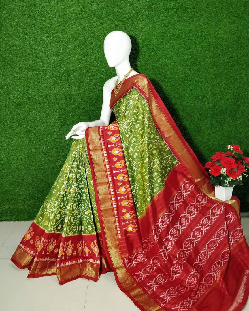 Authentic Soft Silk Saree With Ethnic Pochampalli Print And Embellished Blouse
