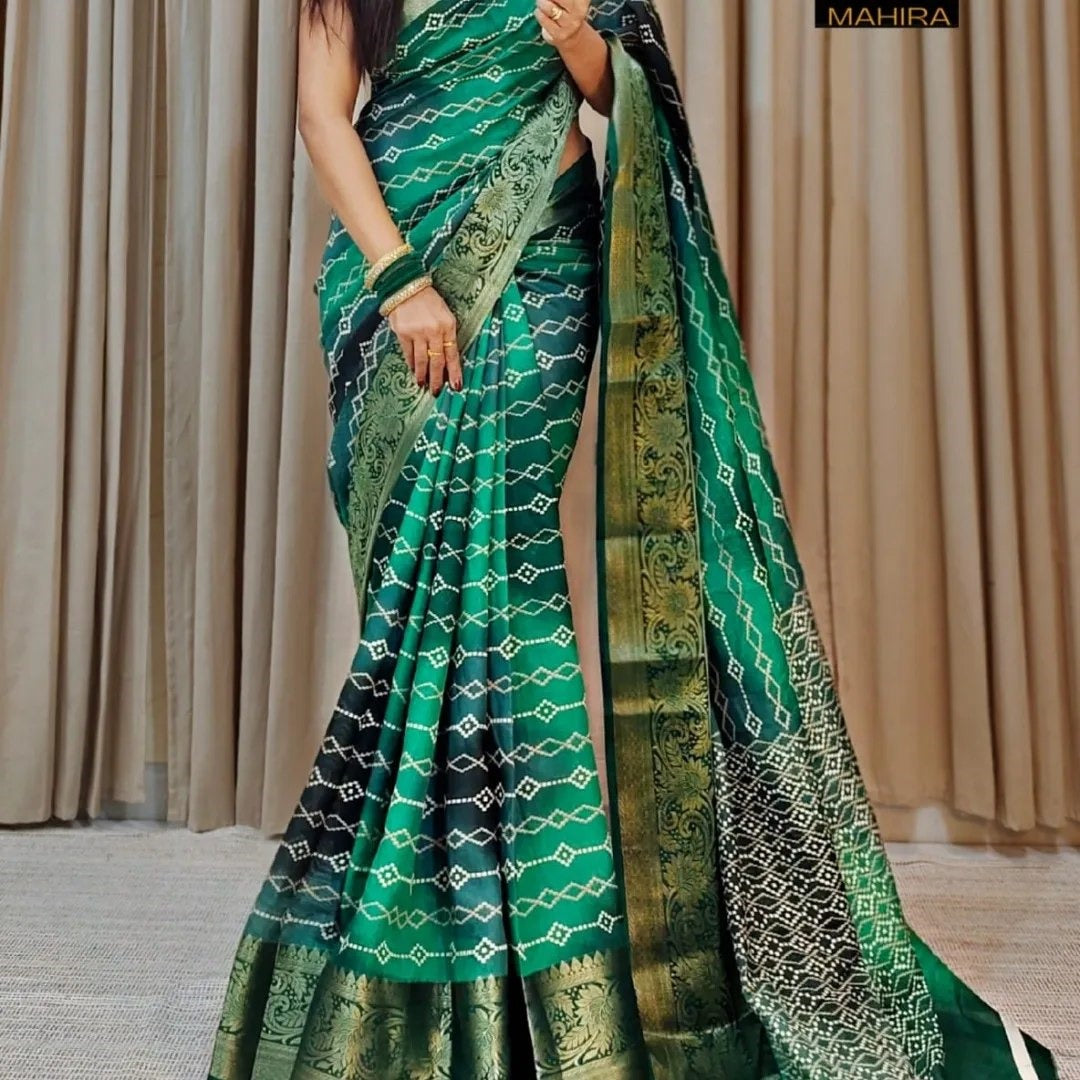 Alluring Green Dola Silk Saree With Ethnic Zari Touch And Digital Art Prints