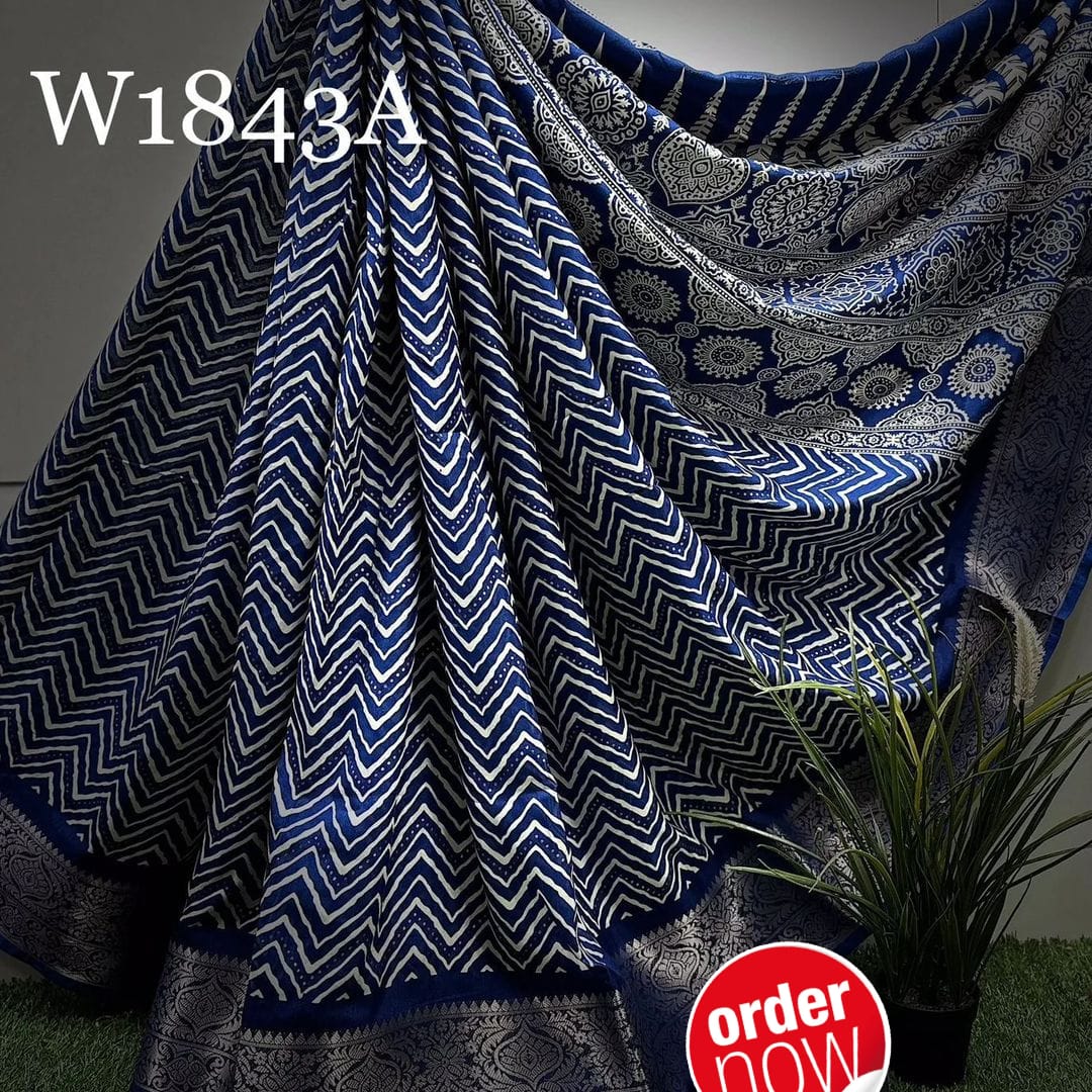 Regal Blue Dola Silk Digital Print Saree With Elegant Zari Border