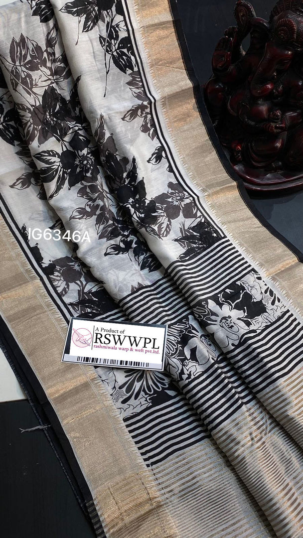 Trendy Fancy Pattu Assam Soft Silk Ikat Digital Print White And Black Saree