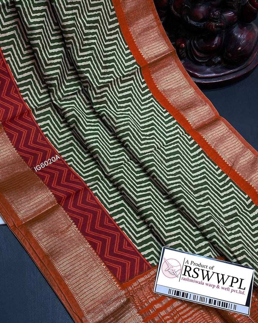 Green Printed Raw Silk Saree