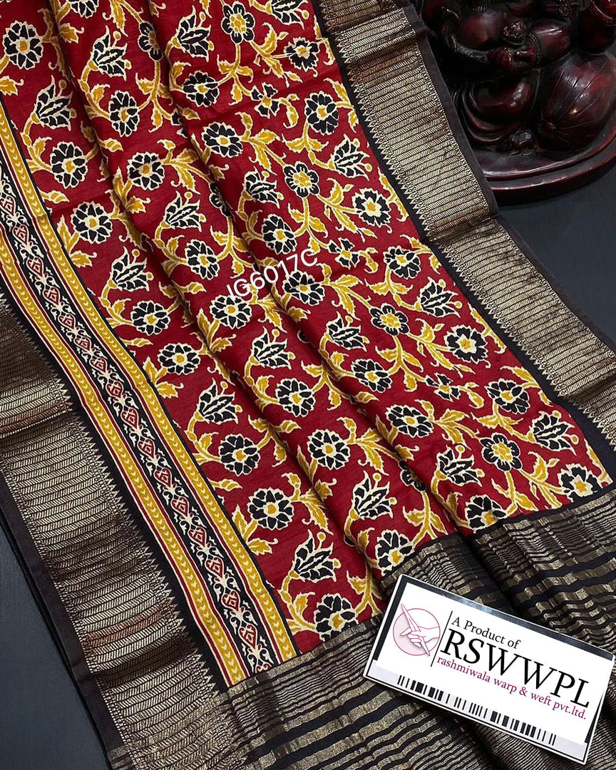 ELEGANCE RED SILK SAREE WITH ALLOVER FLORAL PRINTS AND ASSAMI PATTU