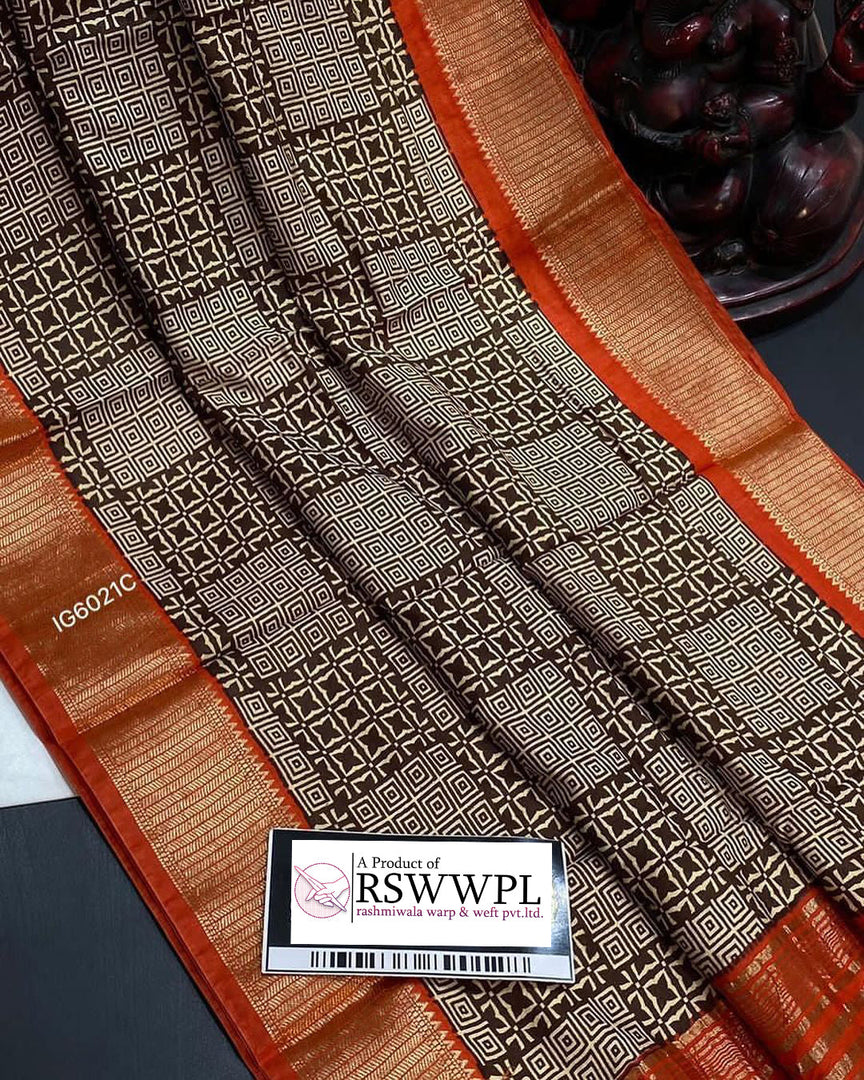 Light Green With Orange Pure handloom Maheswari print