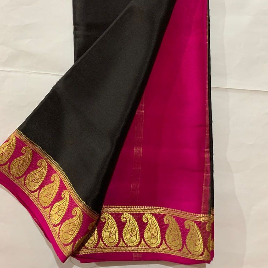 Traditional Black And Purple Plain Soft Silk Saree With Mysore Weave With Golden Zari Border