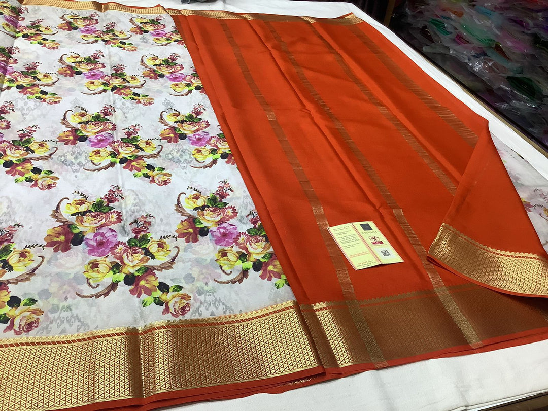Elegant Orange Digital Printed Mysore Silk Saree With Gold Zari Border