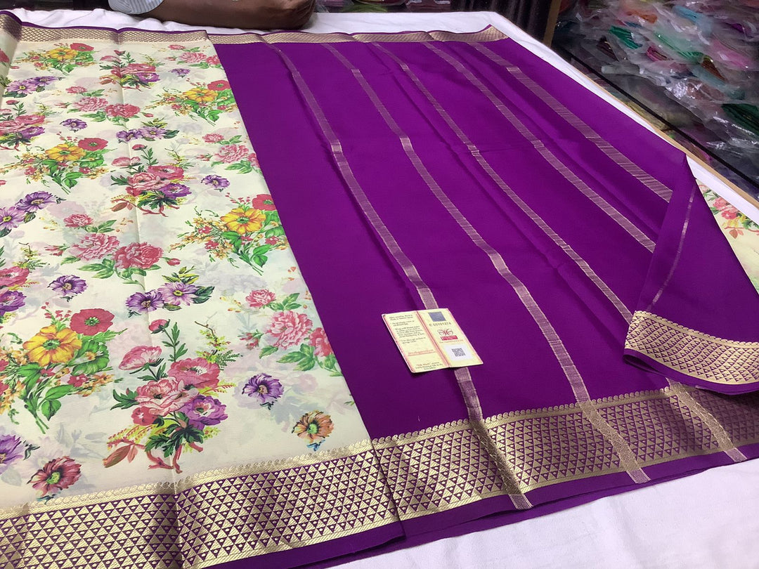 Soft Mysore Silk Saree In Purple With Digital Print And Zari Edging