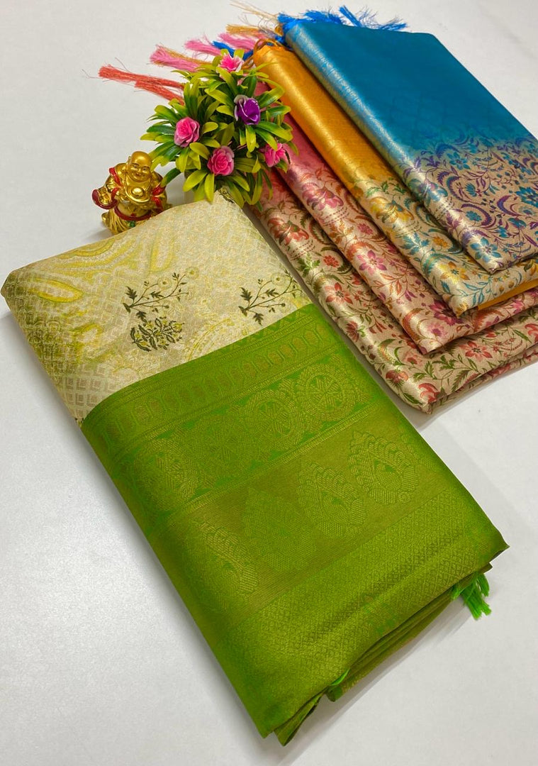 Stylish Green Soft Silk Banaras Saree Contemporary Digital Print Design