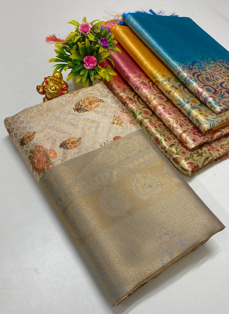 Trendy Beige Banaras Silk Saree Lightweight Soft Texture With Digital Print Pattern