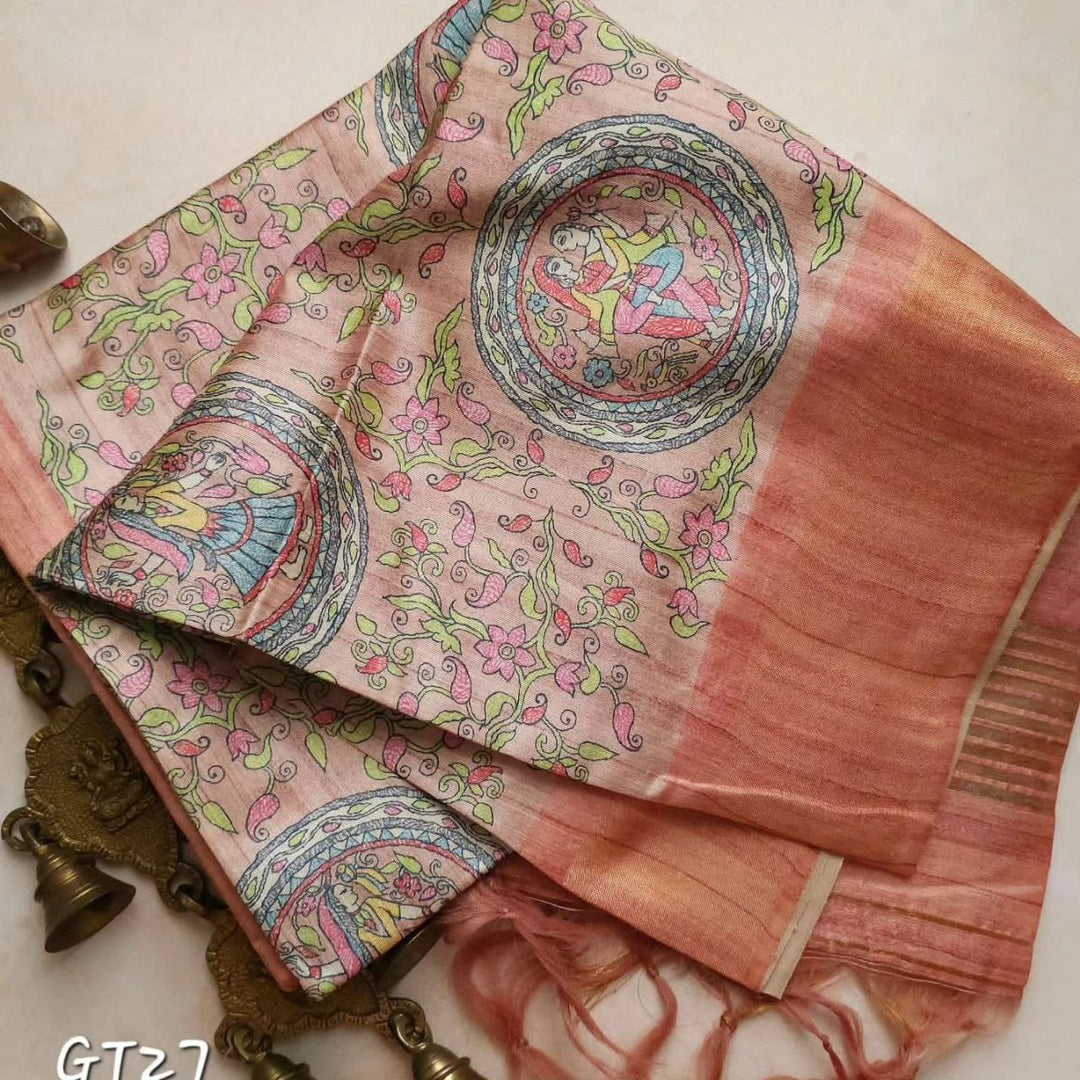 Festive Pink Semi Tussar Silk Saree Elegant Digital Print With Zari Touch