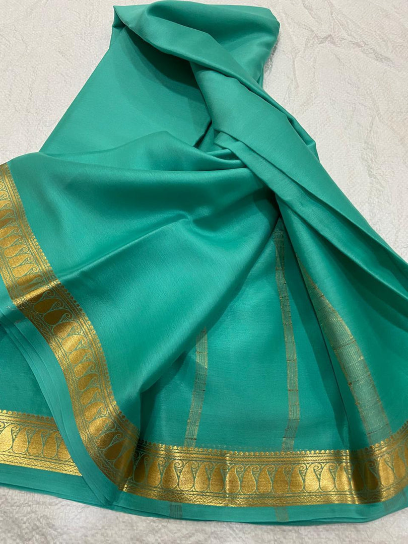 Festive Wear Sea Green Semi Mysore Soft Silk Saree With Unstitched Blouse And Zari Art