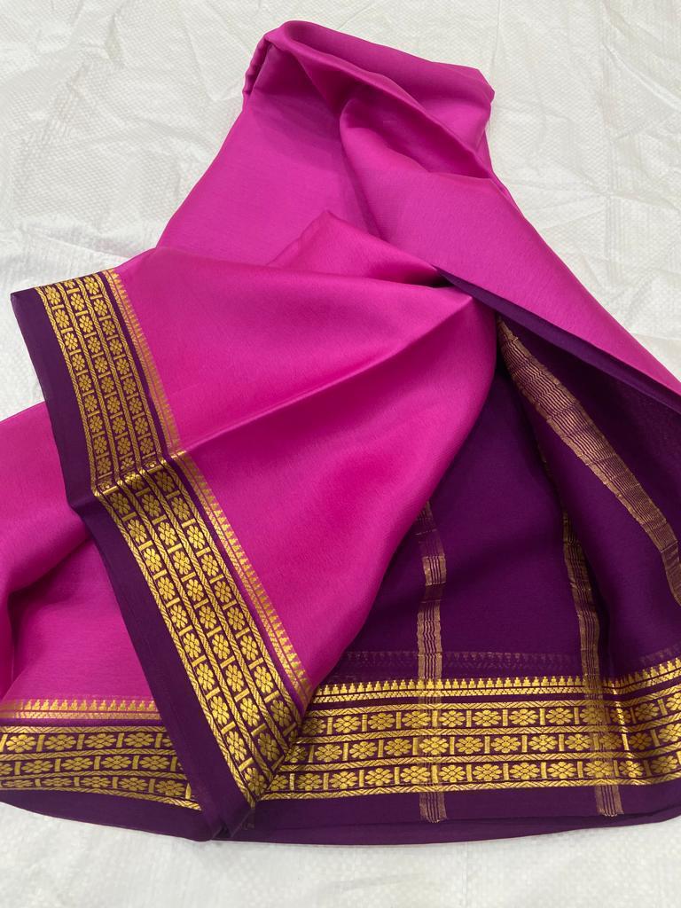 Charming Pink And Purple Semi Mysore Saree With Fine Zari Detailing And Matching Blouse