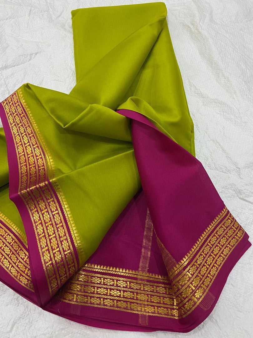 Premium Lemon And Purple Semi Silk Mysore Saree With Handwoven Zari And Unstitched Blouse