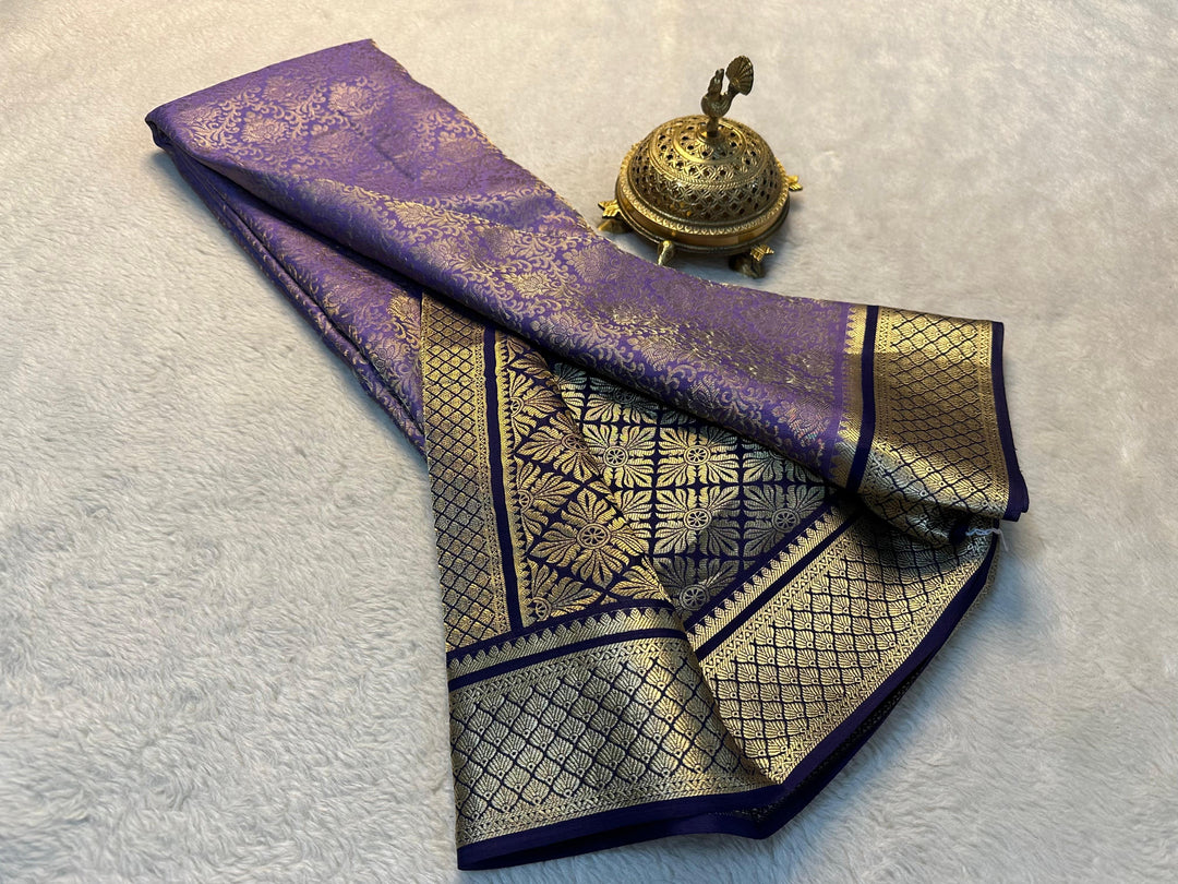 Refined Purple And Black Semi Soft Mysore Silk Saree Featuring Classic Zari Borders