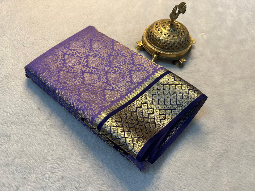 Refined Purple And Black Semi Soft Mysore Silk Saree Featuring Classic Zari Borders