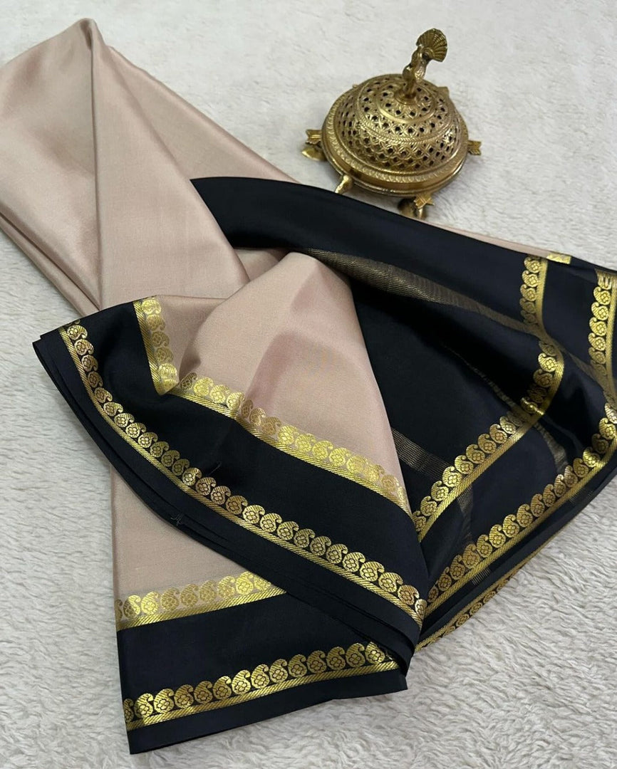 Vibrant Black And White Semi Mysore Silk Saree Featuring Traditional Zari Detailing