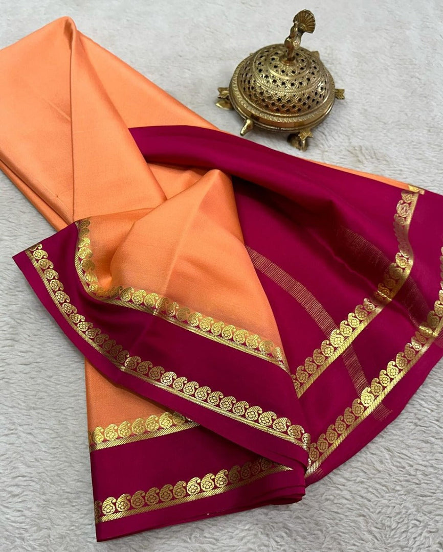 Chic Orange And Rani Soft Semi Mysore Silk Saree With Classic Zari Border Design
