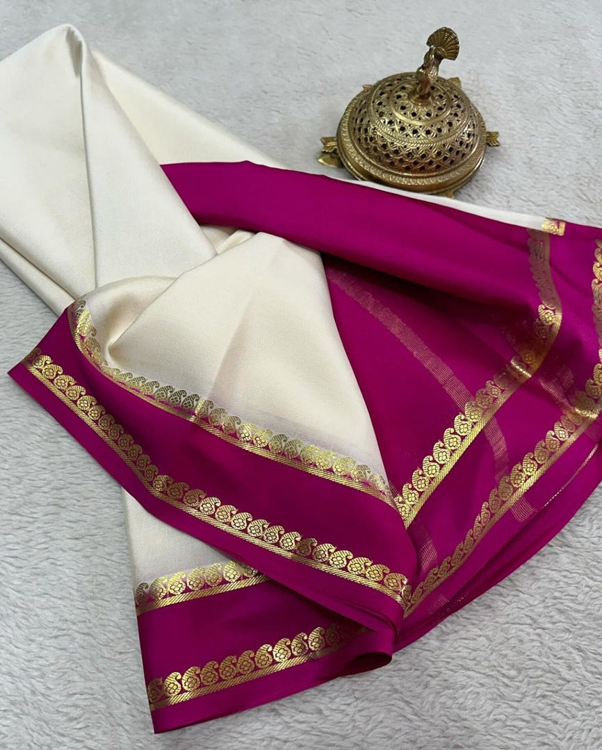 Graceful Pink And White Traditional Zari Work Saree In Semi Mysore Soft Silk