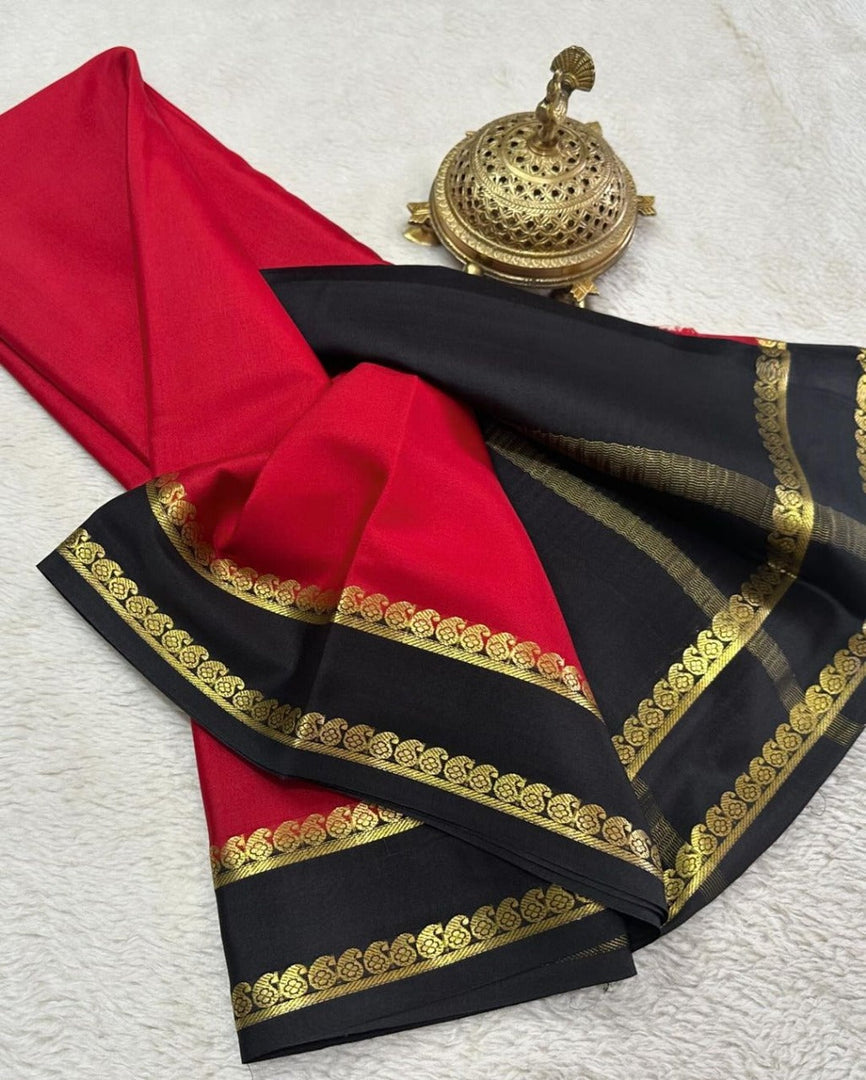 Elegant Black And Red Semi Mysore Soft Silk Saree With Rich Zari Weaving