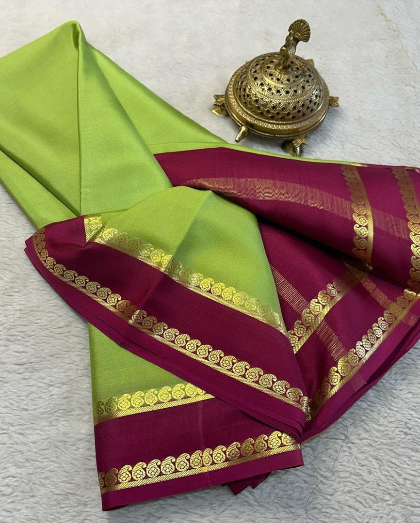 Timeless Green And Wine Semi Mysore Soft Silk Saree With Decorative Zari Detailing