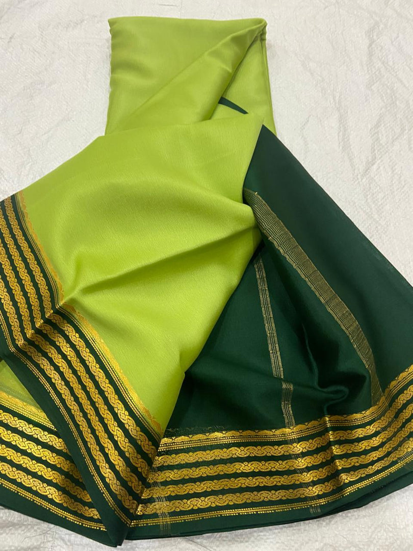Subtle Green And Lemon Semi Soft Mysore Silk Saree With Elegant Zari Borders