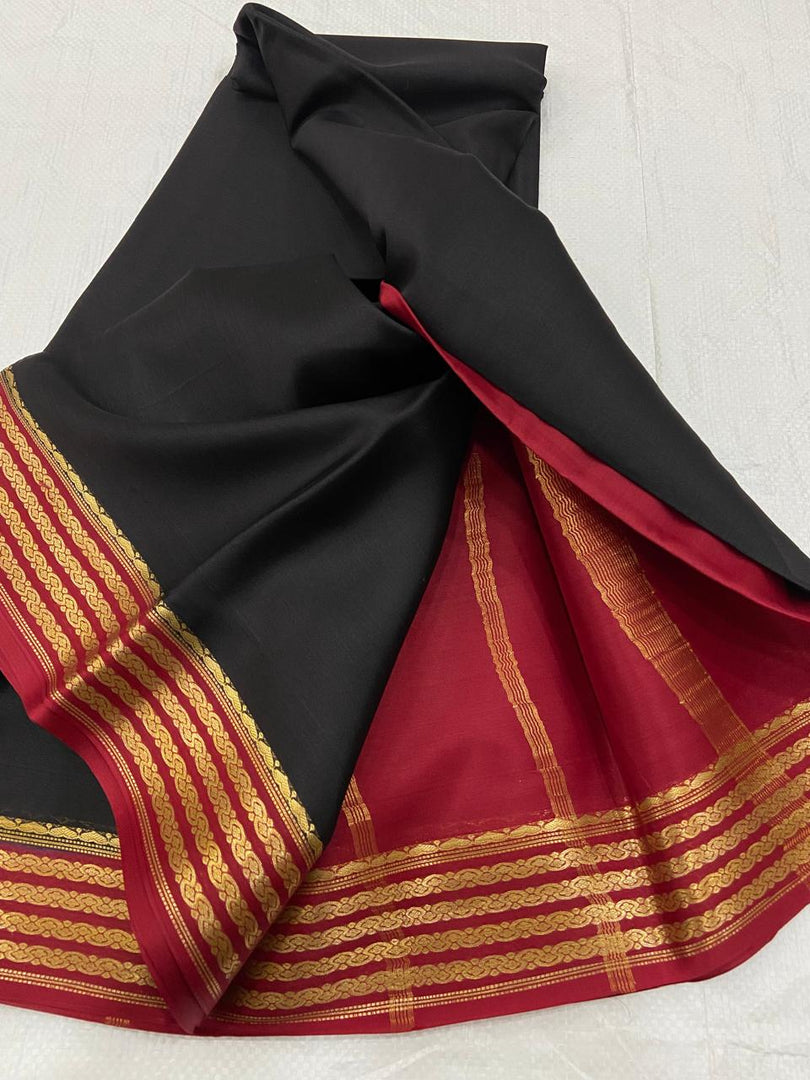 Opulent Wine And Black Soft Silk Saree With Traditional Zari And Mysore Inspired Style