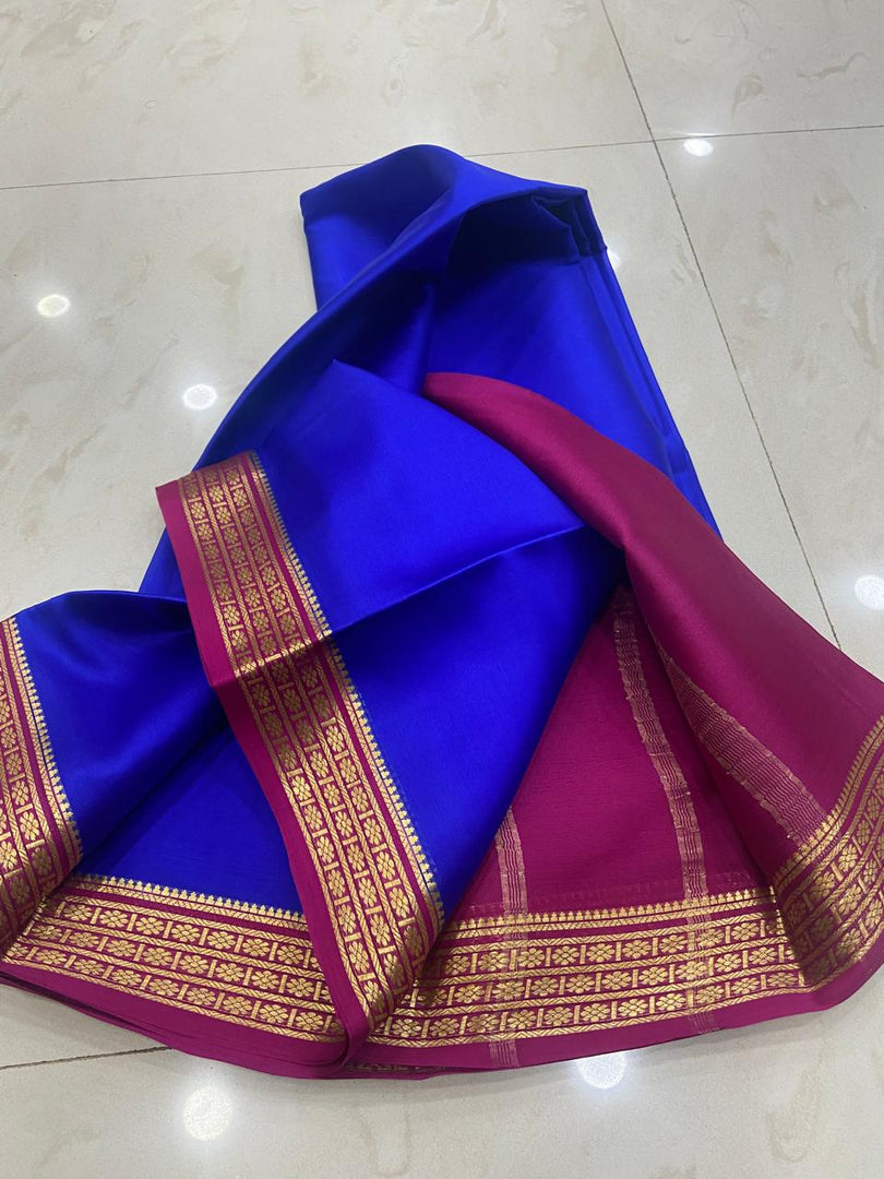 Radiant Blue And Rani Soft Semi Silk Saree With Mysore Craft And Traditional Vibe