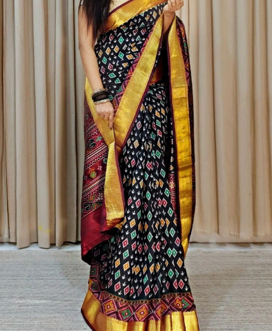 Vibrant Black Handloom Soft Silk Saree With Ikkat Digital Prints And Zari Work