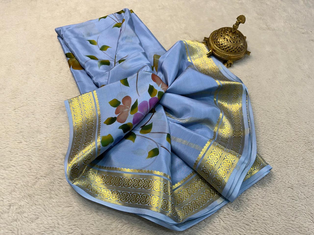 Ethnic Blue Semi Mysore Style Silk Saree With Intricate Zari Accents