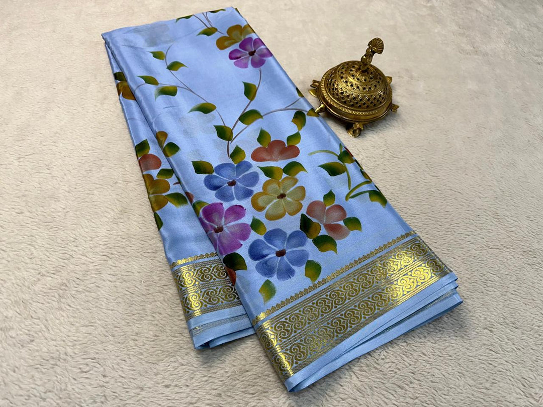Ethnic Blue Semi Mysore Style Silk Saree With Intricate Zari Accents