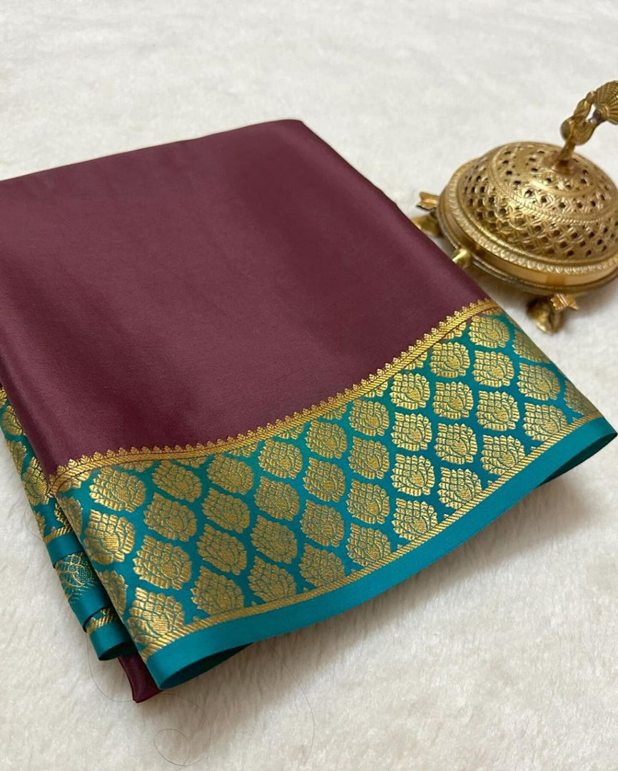 Radiant Bronze And Navy Blue Semi Mysore Soft Silk Saree With Elegant Zari Weaving
