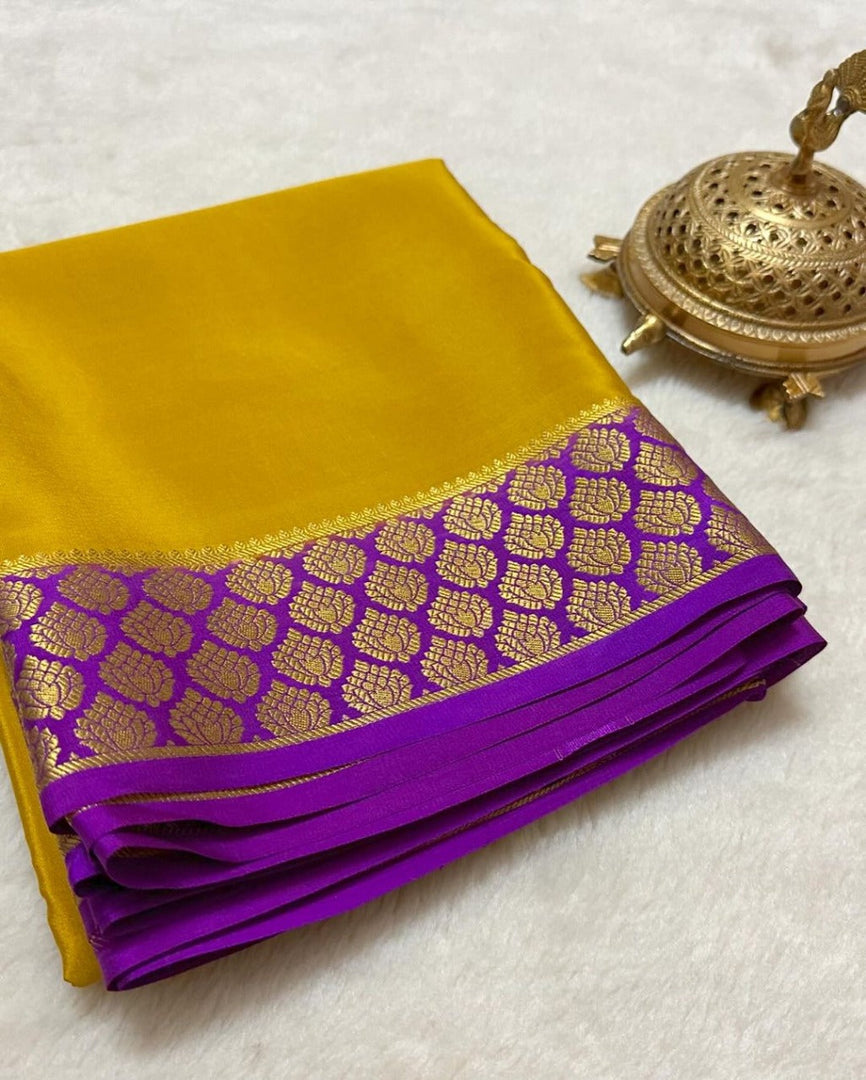 Luxurious Bronze And Purple Semi Mysore Soft Silk Saree With Detailed Zari Craft